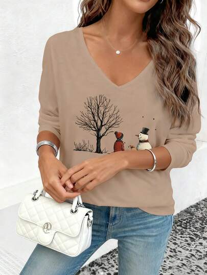 EMERY ROSE Women's Casual Snowman Print V-Neck Long Sleeve T-Shirt, Autumn/Winter