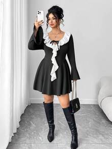 Elenzga Plus Size Women's Fitted Flare Sleeve Mini Black & White Dress, Fashionable Tie-Waist V-Neck Patchwork White Ruffle Hem Elegant A-Line Dress - Black and White - View 4