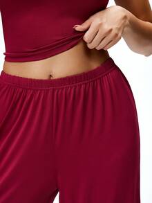 SHAPORA Women's Solid Color Cropped Camisole And Pants Casual Pajama Set - Red Violet - View 7