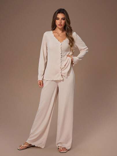 Lazeform Women's Solid Color Casual V-Neck Tight-Edged Cardigan And Pants Pajama Set, Fall & Winter Clothes
