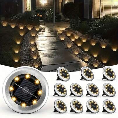 1/4/8/12 PCS Mini Solar 8LED In-Ground Lights, Outdoor Stainless Steel Solar Ground Lights, Solar Pathway Lights For Yard, Garden, Walkway, Driveway, Solar Landscape Lighting, Solar Powered, No External Power Source, Suitable For Outdoor Use