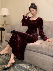 DAZY 亮片拼接长袖中长连衣裙，新年优雅女士礼服，舞会礼服，情人节闪亮连衣裙 - 酒紅色 - 查看 5