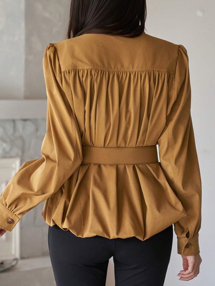 Women's Elegant Solid Color Stand Collar Pleated Waist Belt Shirt, Autumn Long Sleeve