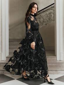 Anewsta 优雅女士长裙，黑色网纱拼接，腰部饰以刺绣，适合宴会、派对等场合，秋冬季穿着。 - 黑色 - 查看 5