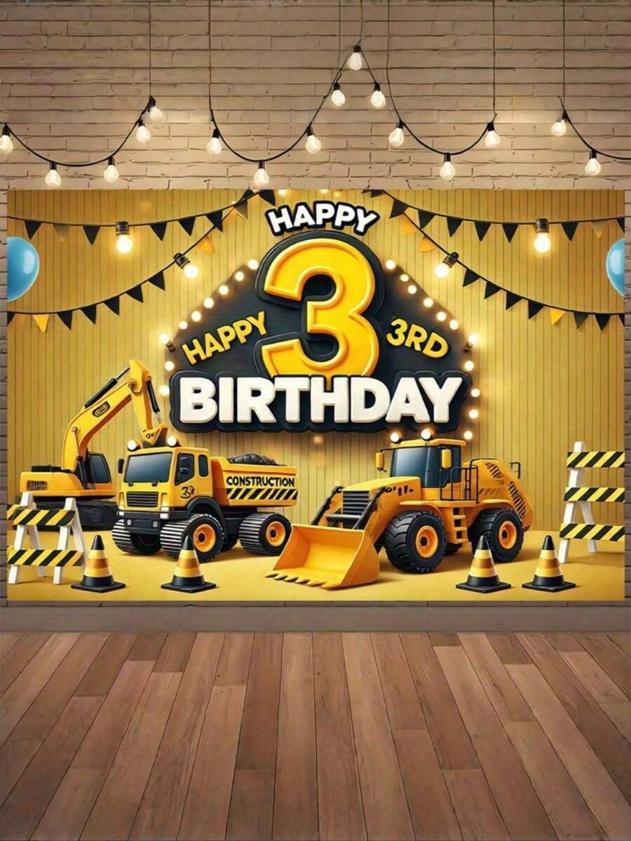 建筑主题生日横幅,3岁生日挖掘机墙面装饰,亮黄色涤纶背景布,适用于室内外派对装饰 - 1PCS - 查看 1