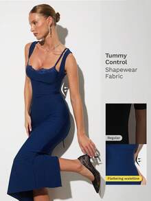 Nuvra Alluring Push-Up Tummy Control Lace Trim Elegant Blue Bodycon Sleeveless Criss-Cross Strap Knit Bandage Dress For Women - Blue - View 1