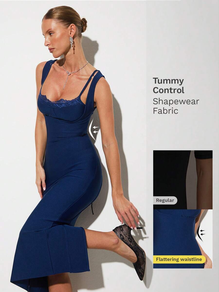 Nuvra Alluring Push-Up Tummy Control Lace Trim Elegant Blue Bodycon Sleeveless Criss-Cross Strap Knit Bandage Dress For Women - Blue - View 1