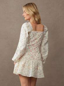 WESTFADE Floral Embroidered V Neck Bow Front Long Sleeve Tiered Ruffle Mini Dress Holiday, Christmas, New Years Eve Outfit, NYE, Fall, Autumn, Winter, Boho, Casual, Cute, Western Wear - White - View 6