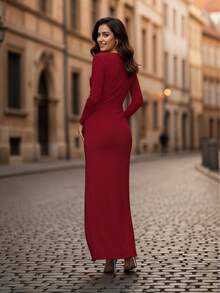 Vestido Ajustado de Escote V Profundo con Detalle Cruzado Inferior y Abertura en la Pierna Para Mujer - Rojo violeta - Ver 2