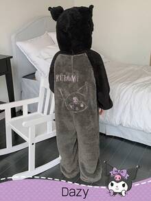 DAZY HELLO KITTY AND FRIENDS | SHEIN Young Girl Embroidered Color Block Hooded Long Sleeve Jumpsuit Pajama Thermal Lined, Winter - Black - View 1