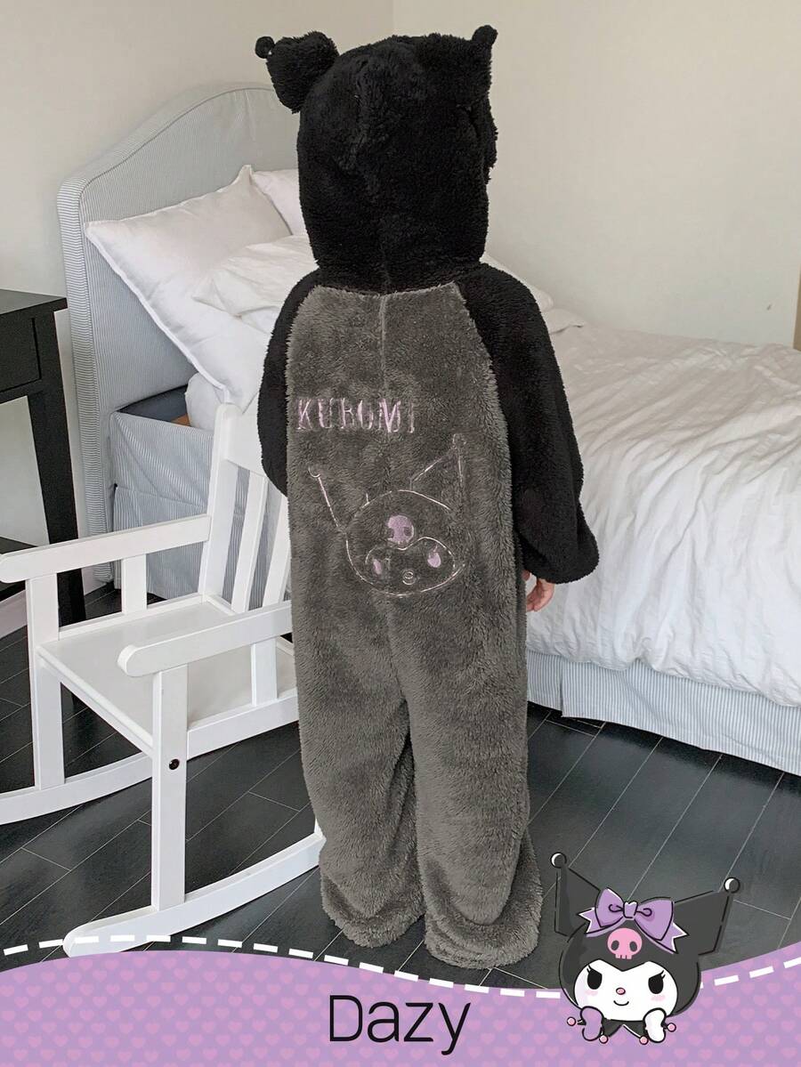 DAZY HELLO KITTY AND FRIENDS | SHEIN Young Girl Embroidered Color Block Hooded Long Sleeve Jumpsuit Pajama Thermal Lined, Winter - Black - View 1