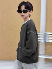 DAZY Tween Boy Letter Graphic Crew Neck Dropped Shoulder Loose Fit Sweatshirt Spring - Dark Grey - View 4