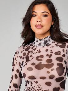 MISSGUIDED Long Sleeve High Neck Mesh Animal Print Top With Mixed Leopard Cow Print Pattern Fall Winter Fashion Blouse - Multicolor - View 4