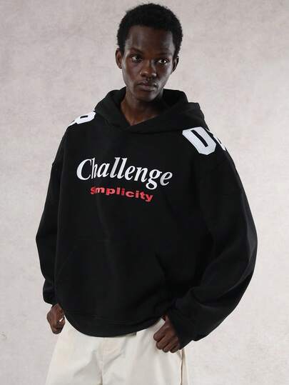 DAZY Sudadera corta con capucha con estampado de letras y forro térmico para hombre, estilo urbano, otoño/invierno