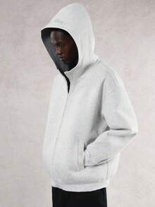 DAZY 男士加厚撞色连帽卫衣，秋冬季 - 淺灰色 - 查看 3