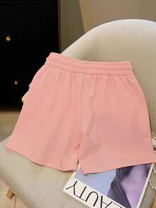 Resyla Quần short thường ngày có túi rút thắt lưng thêu hoa quả thông thường dành cho nữ - Bụi hồng - Xem 2