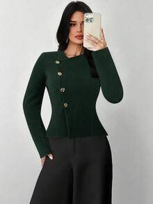 Firerie Pull à manches longues pour femmes avec col en V profond, boutons métalliques et motif floral. Tricot pour les déplacements quotidiens. Nouvelle arrivée pour le printemps, l'automne et l'hiver - Vert sapin - Voir 3