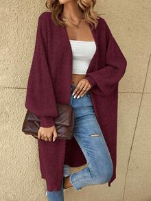 SHEIN Tall CURVE 大码落肩罗纹针织长款开衫，长袖上衣，女士大码长款开衫，修身款，秋冬季必备 - 酒紅色 - 查看 5