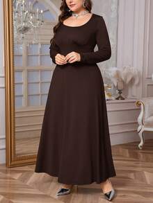 Firerie Damen Große Größen Lässig Elegant Minimalistisch Pendler Alltags Kleid mit quadratischem Kragen, Raffung, Schleife, Langarm, elastisch, A-Linie, Frühling/Herbst, Abendkleider für Damen - Kaffeebraun - Übersicht 3
