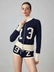 ROMWE Avant 2pcs Y2K Sporty Retro Numeral Cardigan & Shorts Set For Women - Navy Blue - View 5