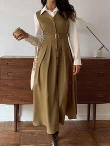 Elyressa 一位女士编织了一件优雅的秋季长裙，适合通勤。 - 卡其色 - 查看 4