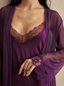 Charlaine Women Lace Patchwork Camisole Nightgown And Robe Sexy Lingerie Set - Purple - View 7