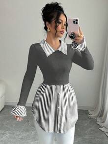 Elenzga Women's Striped Collared Long Sleeve Knit & Woven Patchwork Blouse - Multicolor - View 6