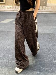 DAZY 女士弹力腰侧条纹豹纹阔腿宽松休闲裤