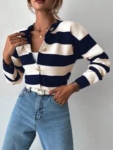 EURMUSE 女士前扣长袖条纹休闲衬衫，日常穿着