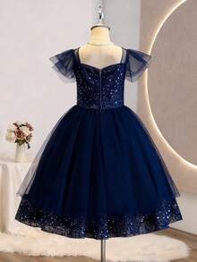 Vestido corto de niña de las flores con mangas de capa, de malla con lentejuelas y línea A, adecuado para bodas, fiestas, cumpleaños y actuaciones - Azul Marino - Ver 2