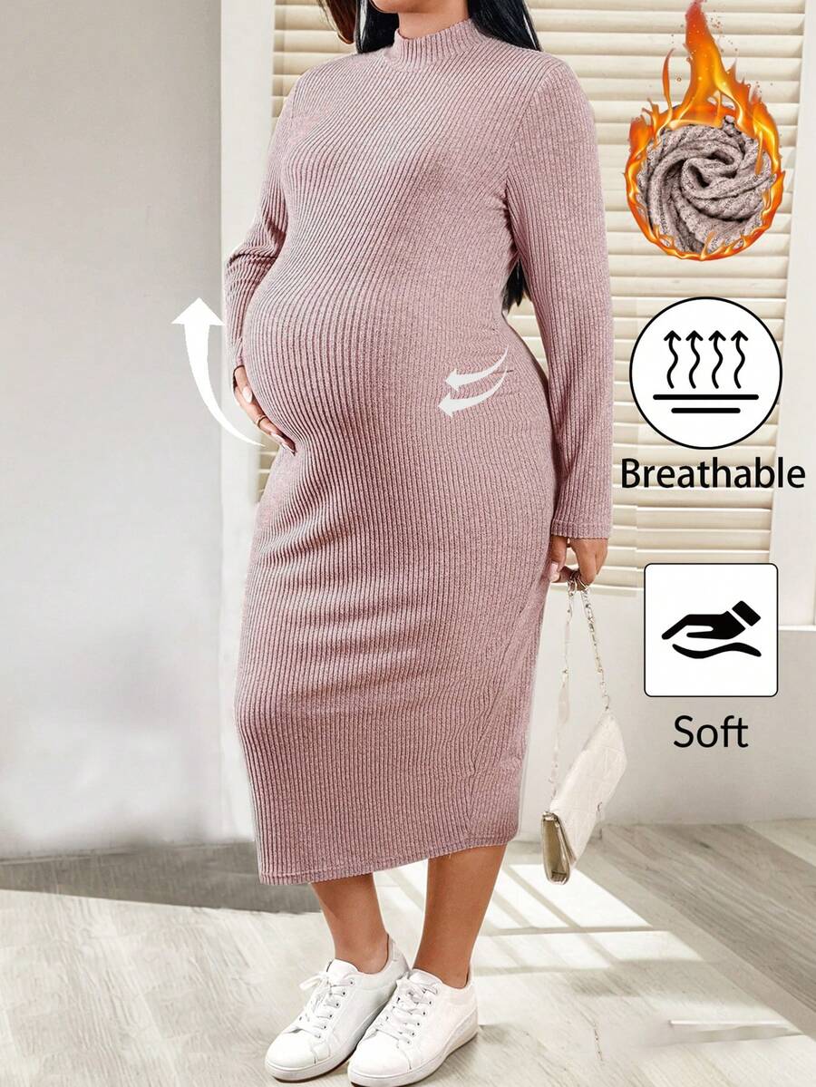 SHEIN Fall Clothes,Autumn Clothes,Materity Autumn Clothes Maternity   Maternity Plus Size Solid Color Stand Collar Long Sleeve Ribbed Fitted Casual Dress Pregnant Clothes Pregnant Dress Maternity Dress Maternity Clothes Maternity Clothes Fall Winter Dress For Pregnant Women Long Sleeve Maternity Dress Pregnant Outfits - Pink - View 1