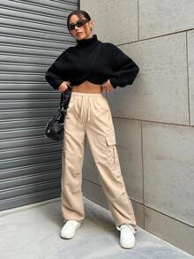 SHEIN Unity 高领不对称下摆短款休闲毛衣、长袖上衣