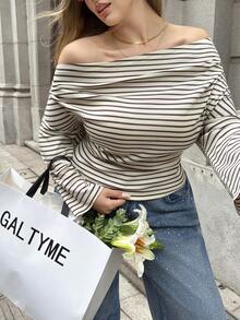 SHEIN EZwear Áo thun kẻ sọc cỡ lớn, thường ngày khi đi làm, hẹn hò và đi chơi, Thu/Đông - Nhiều màu - Xem 3