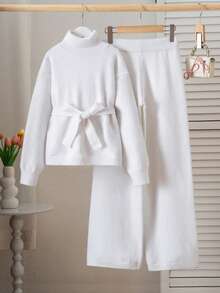 SHEIN Sparklyn 青少年女孩纯色高领落肩长袖系带毛衣和针织裤休闲套装，秋冬