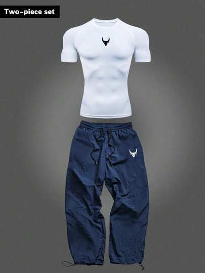 Manfinity Sport Corelite Men's Graphic Print White Short Sleeve Top And Blue Drawstring Waist Pants Sports Suit