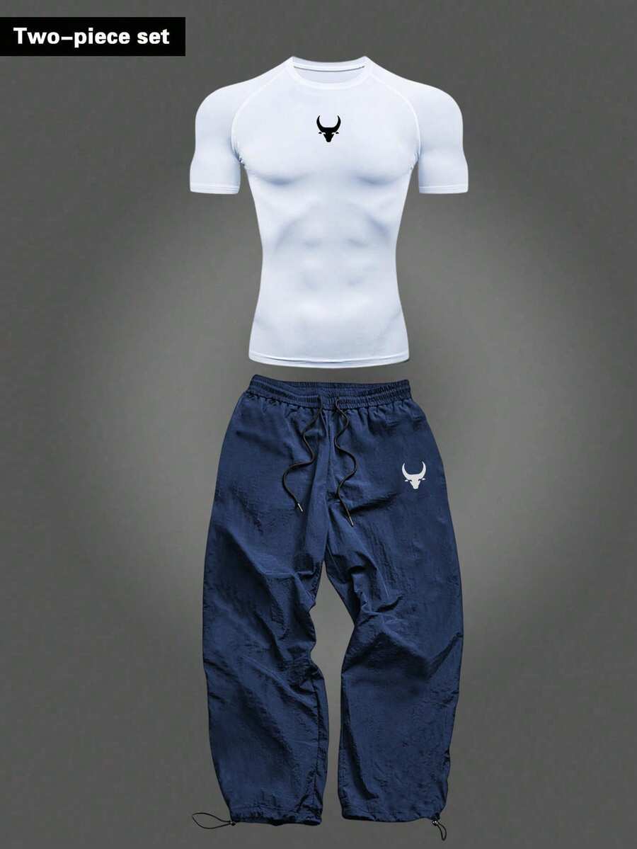 Manfinity Sport Corelite 男士印花白色短袖上衣和蓝色抽绳腰带运动裤套装