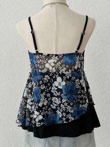 SHEIN Áo hai dây buộc trước họa tiết hoa thường ngày dành cho nữ, mùa hè - Màu xanh lam - Xem 2