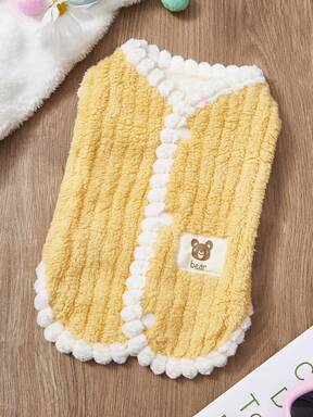 PETSIN 1 pieza Chaleco de mascota con borde de flor de peluche vertical amarillo, ropa de mascota gruesa y linda casual para otoño e invierno