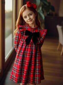 SHEIN Tween Girls' Cute Back-To-School Red And White Plaid Dress,Autumn Elegant Long Sleeve Ruffle Trim Patchwork Bow Decor Loose Christmas Party Dress - Red - View 6