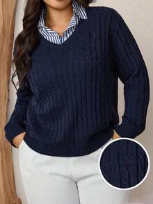 SHEIN LUNE Sweter z dzianiny w jednolitym kolorze, z dekoltem w serek, w dużym rozmiarze, na co dzień, na jesień/zimę