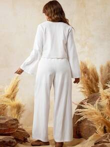 Boho Mama Two-Piece Nursing Set With Drawstring Top And Pants, Printed, Stylish Everyday Beach White Casual Set, Women's Pure Cotton Linen Two-Piece Set, Maternity Two-Piece Set, Casual Set, Maternity Two-Piece Set. - White - View 3