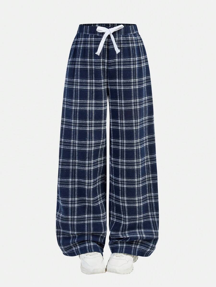 SHEIN Girlism Tween Girls Casual Simple Plaid Drawstring Loose Pants, Suitable For Casual Daily Wear, Back To School - Navy Blue - View 1