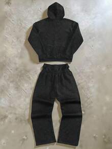 PAVTROS Men's Letter Print Long Sleeve Zip Front Hoodie And Pants Casual Tracksuit Set Men Black Set Shirt And Pants Set Men Black Two Piece Set Men S Co Ord Set Mans 2 Pieces Sets - Black - View 2