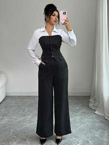 SHEIN Elenzya Conjunto de 2 piezas de blusa de mujer elegante con cuello en V de rayas de contraste y pantalones de pierna ancha, para otoño/invierno - Blanco y Negro - Ver 8