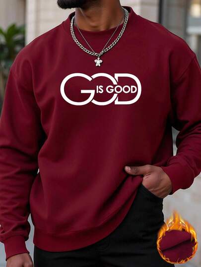 Manfinity Dauomo 男士“上帝是美好的”印花长袖T恤 - 休闲舒适圆领上衣，适合秋季穿着，是秋冬季的理想之选。