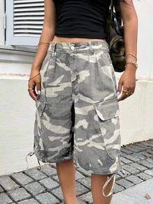 SHEIN ICON 大码女式迷彩图案工装口袋宽松牛仔短裤 - 彩色 - 查看 3
