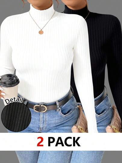 EMERY ROSE 两件套休闲罗纹高领长袖T恤，修身大码，秋冬女装两件套，紧身衣，高领罗纹上衣，两件套女装，长袖上衣