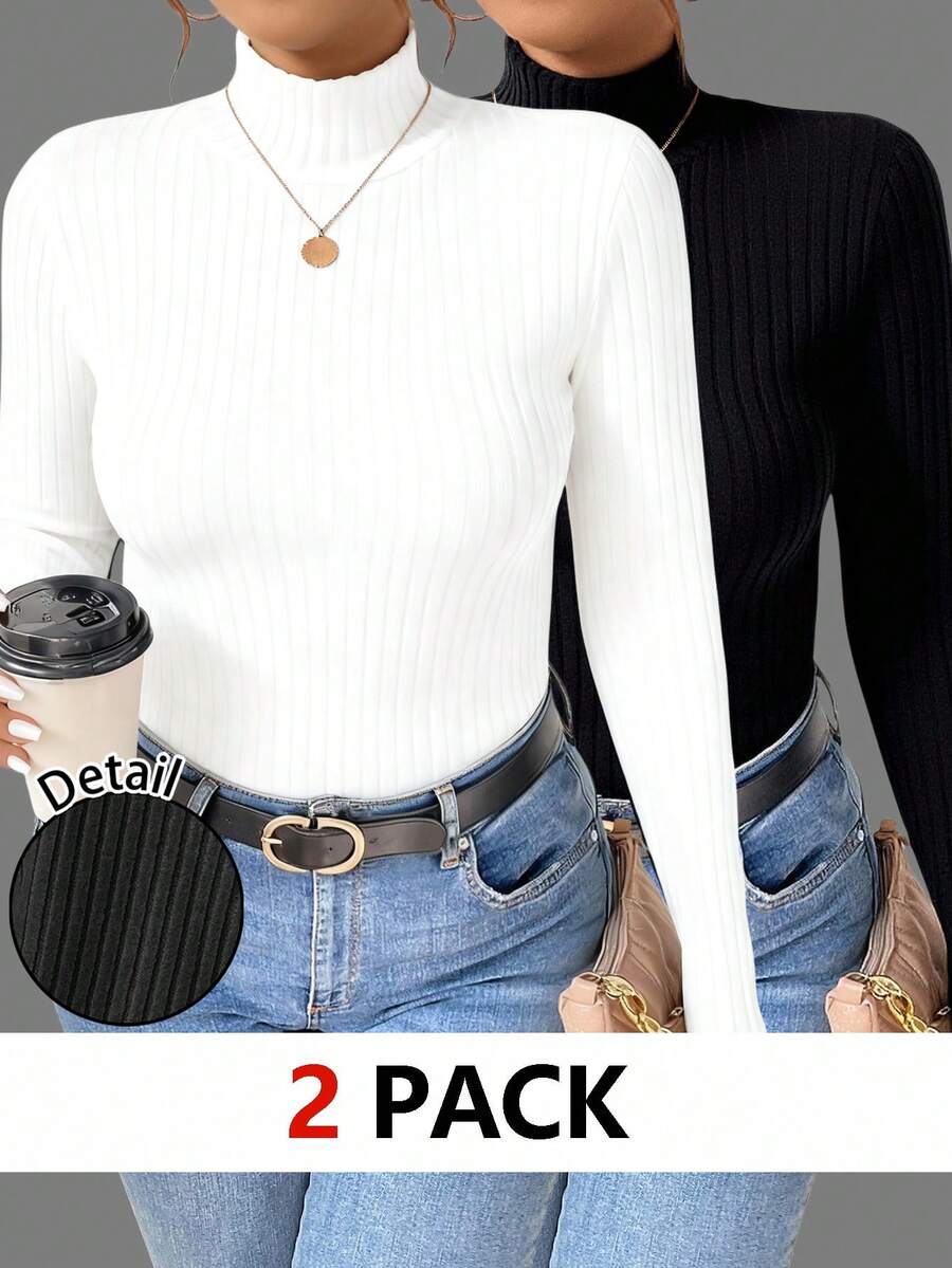 EMERY ROSE 2 pièces/Set T-shirts à manches longues col roulé côtelés décontractés, coupe slim grande taille, ensemble 2 pièces automne/hiver pour femmes. Hauts moulants, hauts à col roulé côtelés, ensembles deux pièces pour femmes, hauts à manches longues pour femmes