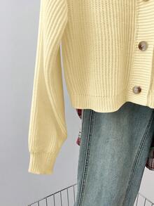 SHEIN 少女纯色V领短款休闲宽松落肩长袖开衫毛衣，秋季款 - 黃色 - 查看 6