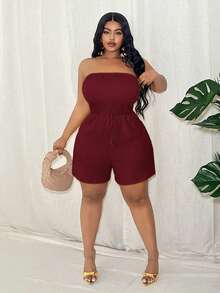 Slaydiva Plus Size Women's Casual Vacation Daily Fitted Solid Red Tube Decorative Rope Knit Texture Romper - Burgundy - View 2